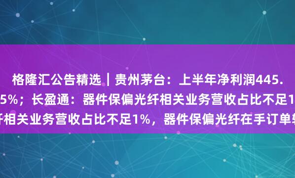 格隆汇公告精选︱贵州茅台：上半年净利润445.17亿元，同比下滑1.95%；长盈通：器件保偏光纤相关业务营收占比不足1%，器件保偏光纤在手订单较少